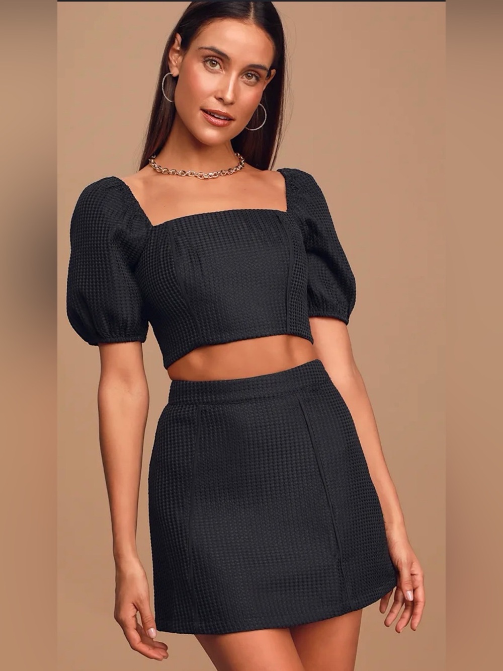 Lulu's Black Off-the-Shoulder Crop Top & A-Line Mini Skirt Set